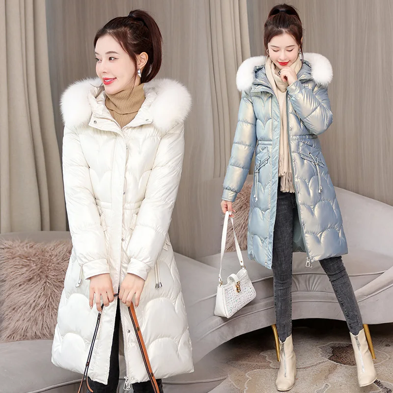Winter Coats for Women 2023 Big Fur Collar Cotton Parkas New Shiny Fabic Midum-length Hooded Padded Jacket Fashion Women Outfit