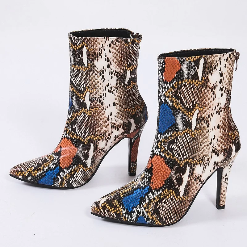 

New Arrival 2021 Mulitcolor Snake Print Women Ankle Boots Classical Fashion Side Zip Stiletto Heel Boots Shoes Big Size 33---43