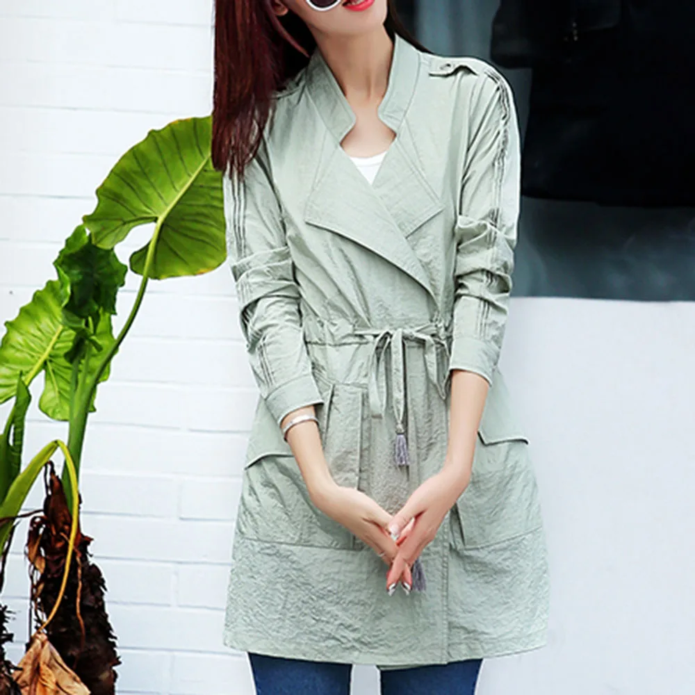

Trench Coat Fashion Long-sleeved Solid Color 2021 Autumn Mid-length Lace-up Windbreaker Stand-up Collar Slim Sunscreen Clothing