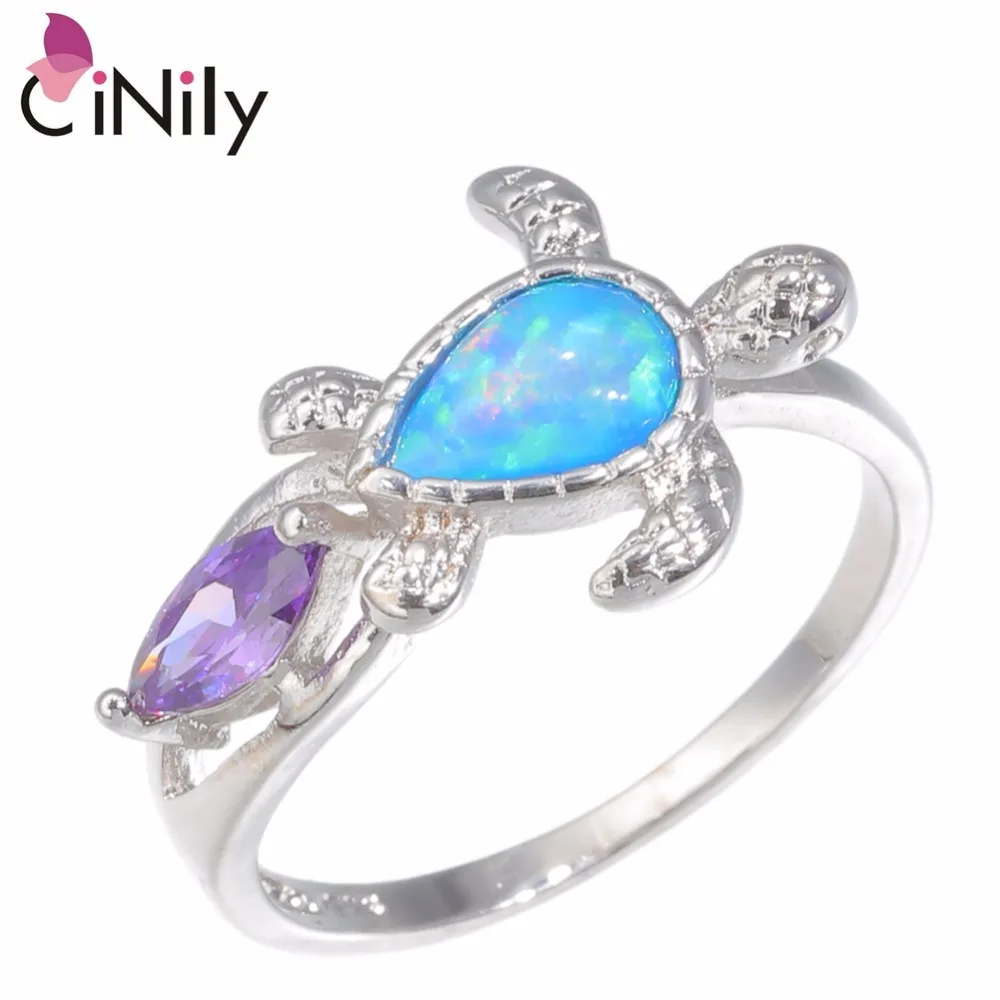 

CiNily Created Blue Fire Opal Purple Stone Silver Plated Wholesale Tortoise for Women Jewelry Gift Ring Size 6-9 OJ9307