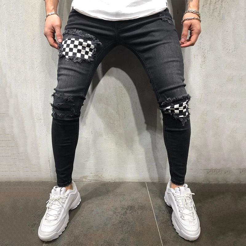 

Jeans Men Slim Fit Stretch Hole Patchwork Denim Pant Blue Zipper Trousers Hip Hop Plaid Black Skinny Jeans Men