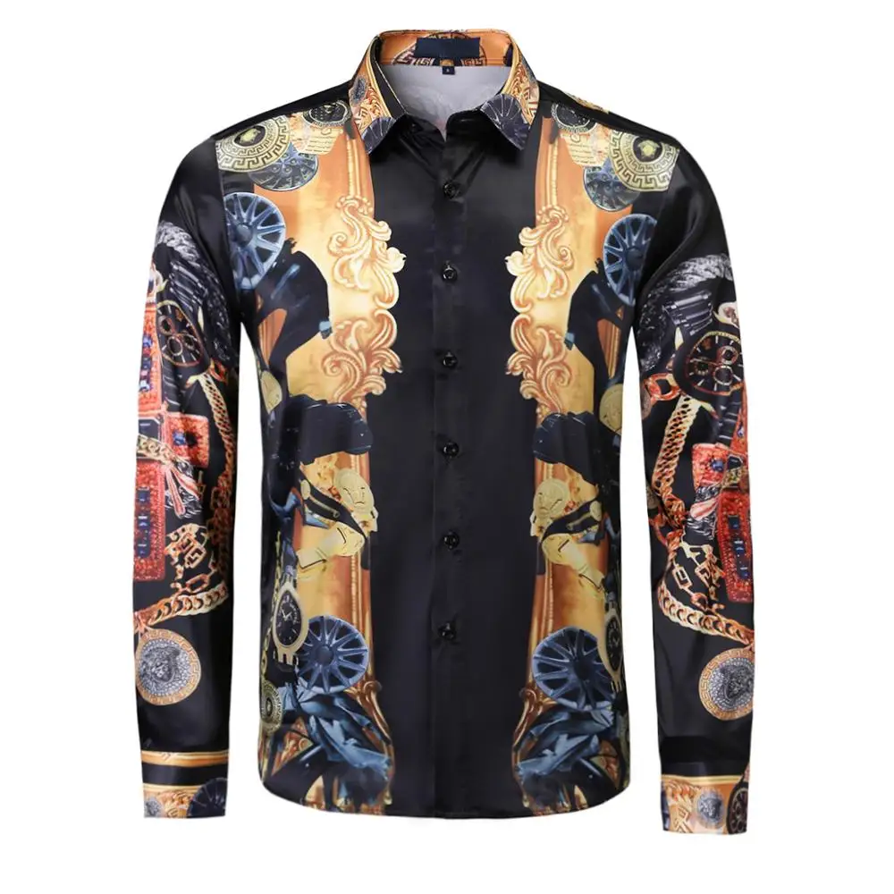 2021 New Design Luxury Brand Mens Shirts Fashion Printed Casual Nightclub Long-Sleeved Slim Men Wedding Party Prom Tops | Мужская одежда