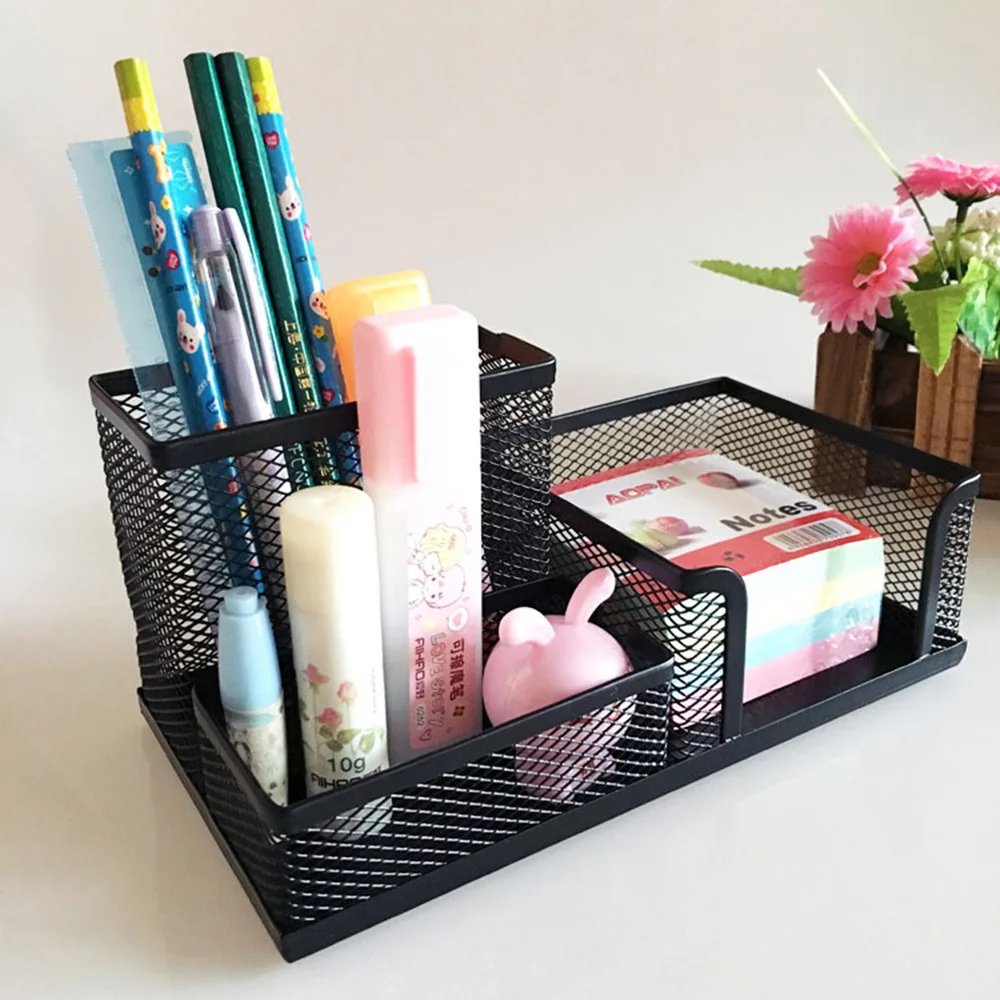 

3-in-1 Deask Storage Box Multifunctional Square-shaped Metal Mesh Pen Holder Pen Pencil Container (Black)