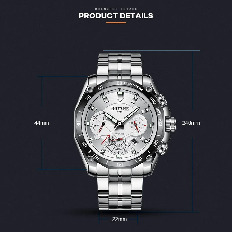 

BOYZHE Swiss Certified Brand Watch Steel Belt Week Display Luminous Waterproof Fashion Sports Men Mechanical Watches