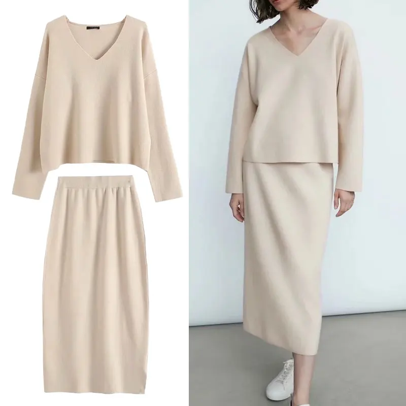 

Женский костюм, модный однотонный элегантный вязаный свитер с V-образным вырезом и юбка миди с высокой талией, винтажный повседневный компл...