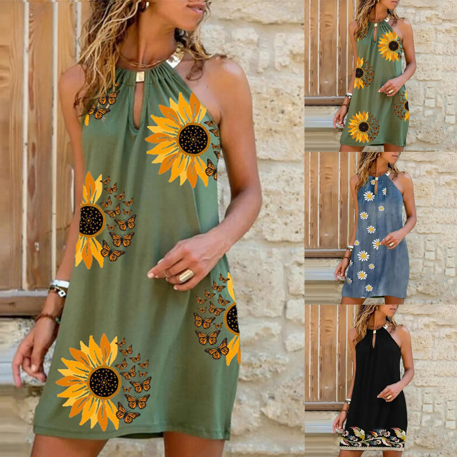 

Womens Boho Dress Summer Beach Sundress Halter Floral Mini Dress Female Slim Sleeveless Holiday Dresses vestido playa