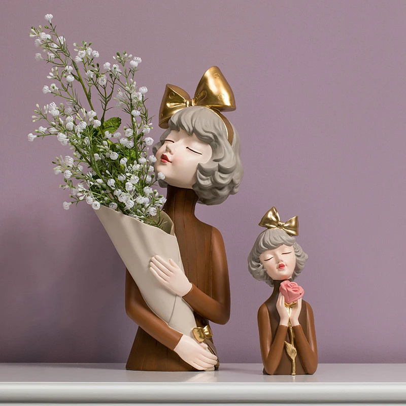 

Nordic Bouquet Girl Ornaments Figurine Sculpture Cute Resin Statue Gifts Living Room Cabinet Flower Vase Arrangement Home Decor