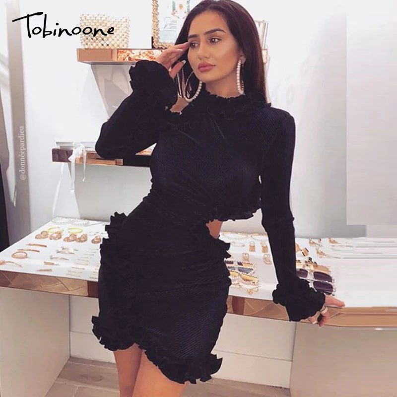 Tobinoone, сексуальное Плиссированное женское мини-платье для вечеринки, элегантное короткое платье с длинным рукавом и высокой талией, женские платья vestidos