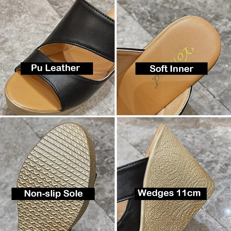

New Design 2021 High Heels 11CM Peep Toe Heightening Wedges Slippers For Women Platform Summer Ladies Mature Pu Leather Shoes
