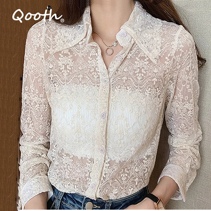

Qooth Lace Hollow Top Women Blouse Fashion Korean Style 4XL Shirts Tops Outwear Vintage Office Lady Elegant Blouses QT1340