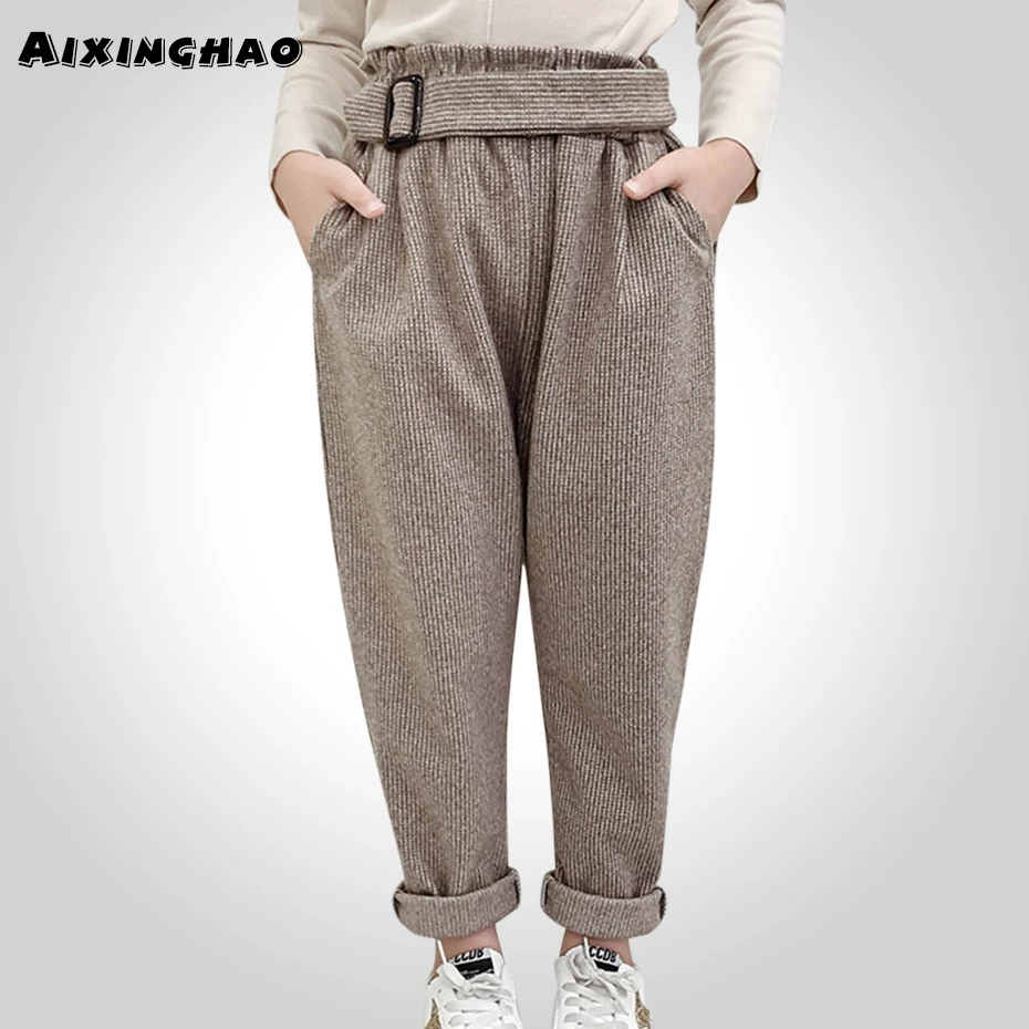 Штаны для девочек детские штаны в клетку с высокой талией осенне зимний модный