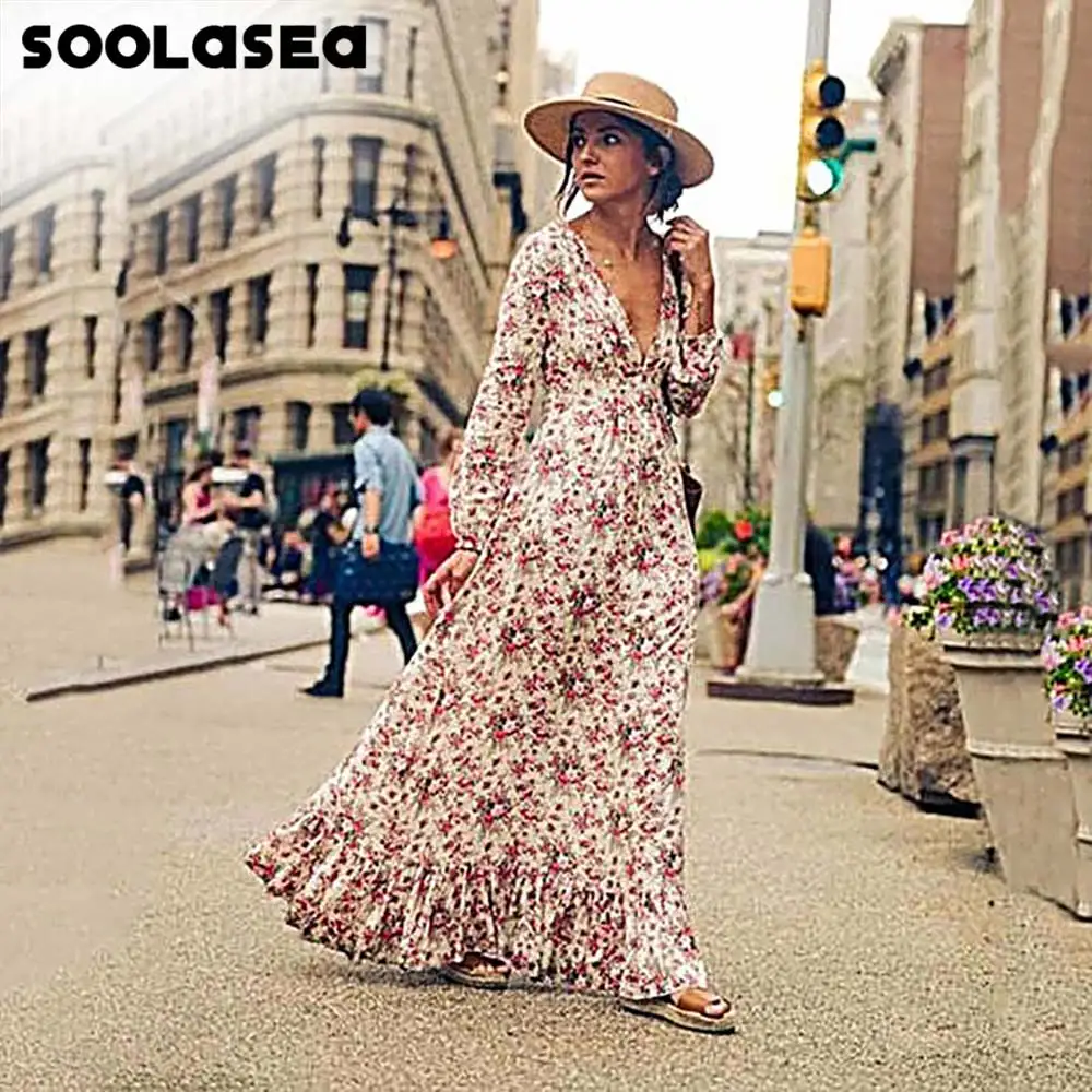 

Soolase 2020 boho floral maxi dress Vintage sexy women print floral dress beach Bohemian V-neck long sleeve vestido long Dress