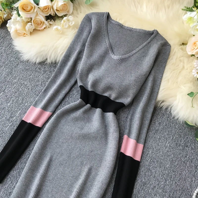 ALPHALMODA осеннее Новое винтажное вязаное платье женское цветное Элегантное зимнее платье с длинными рукавами вязаное платье-футляр