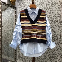 new korean fashion sweater sets 2021 autumn women turn down collar long sleeve cotton shirtsvintage patterns knitted vest tops