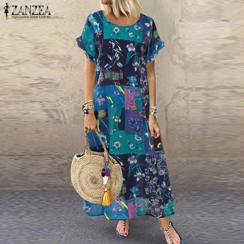 ZANZEA 2021 летнее платье в винтажном стиле с цветочным принтом длинное для женщин