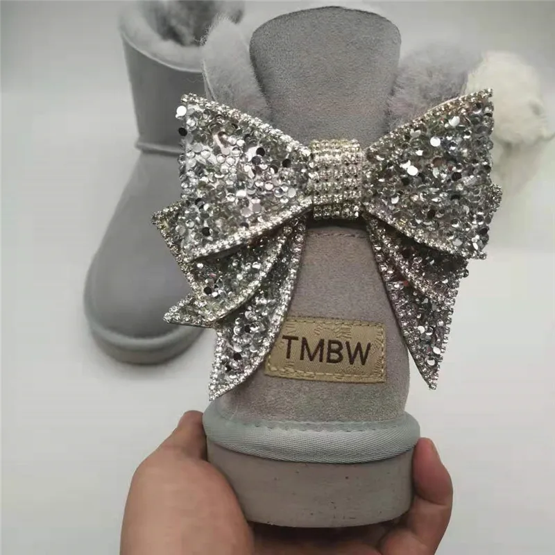 gray Blinging/; красивые женские зимние ботинки из натуральной овечьей кожи с бантом; женские ботинки на натуральном меху; теплые зимние ботинки с шерстью - Цвет: gray