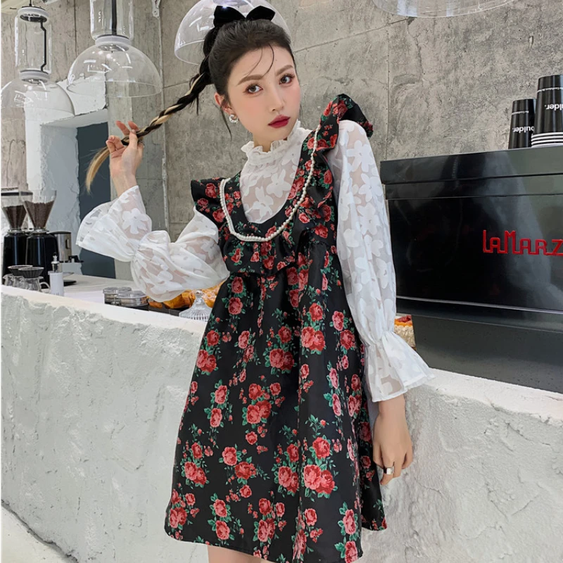 

Summer Print Tank Dress Female Chic Jacquard Design All-match Sweet Pearl Flounced Edge A-Line Mini Dress