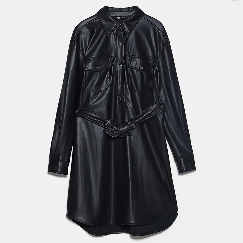 Женское винтажное платье ftaylor Черное короткое из искусственной кожи с отложным