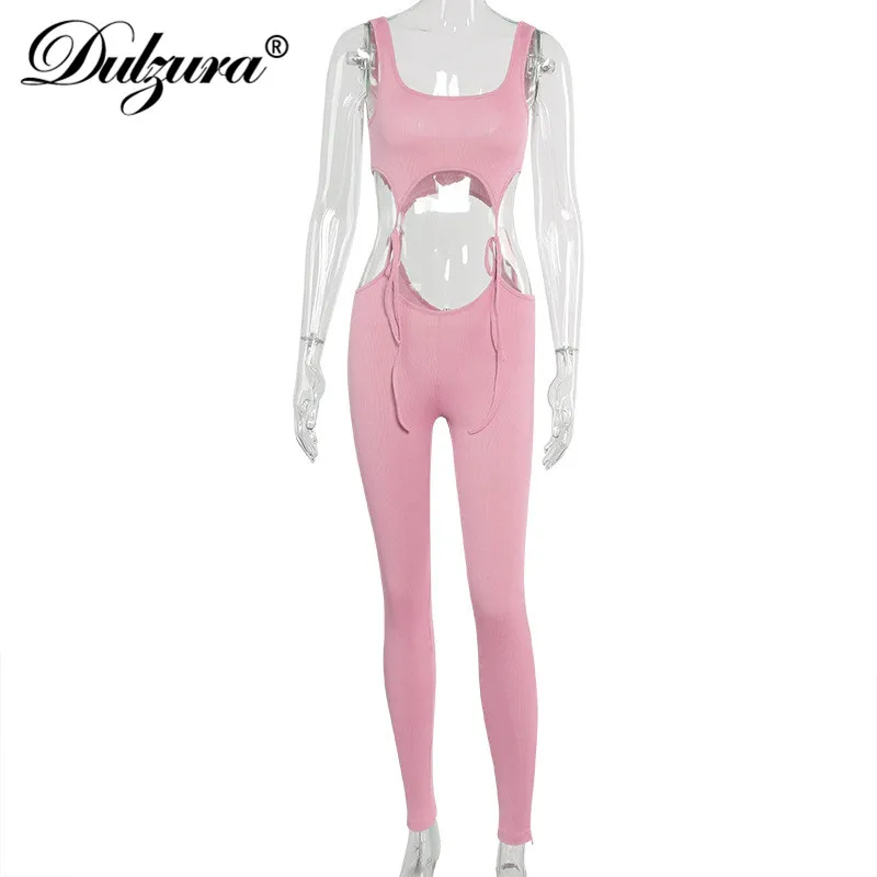 

Dulzura ribbed knitted lace up hollow out women jumpsuit sleeveless bodycon sexy streetwear 2020 summer clothes party club body