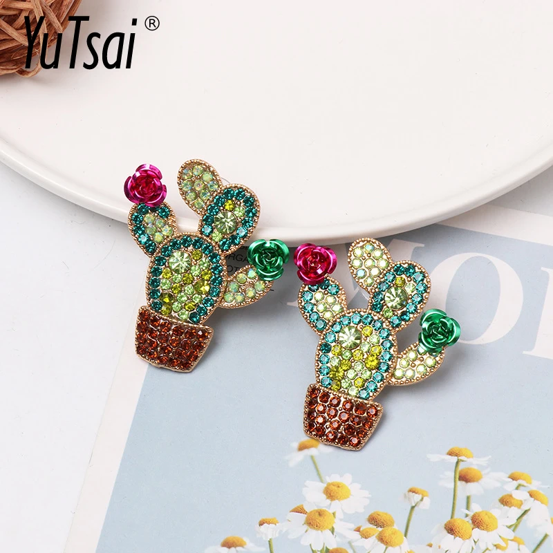 

YUTSAI Trendy Cute Green Plant Earrings Statement Luxury Rhinestone Cactus Drop Earrings For Women Jewelry Gifts YT130