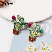 yutsai trendy cute green plant earrings statement luxury rhinestone cactus drop earrings for women jewelry gifts yt130