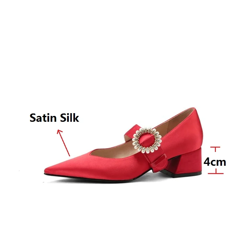 

LeShion Of Chanmeb Chic Women Elegant Pearls Pumps Block Heels Pointed Toe Shoes Woman Brand Satin Silk Wedding Party Shoes Red