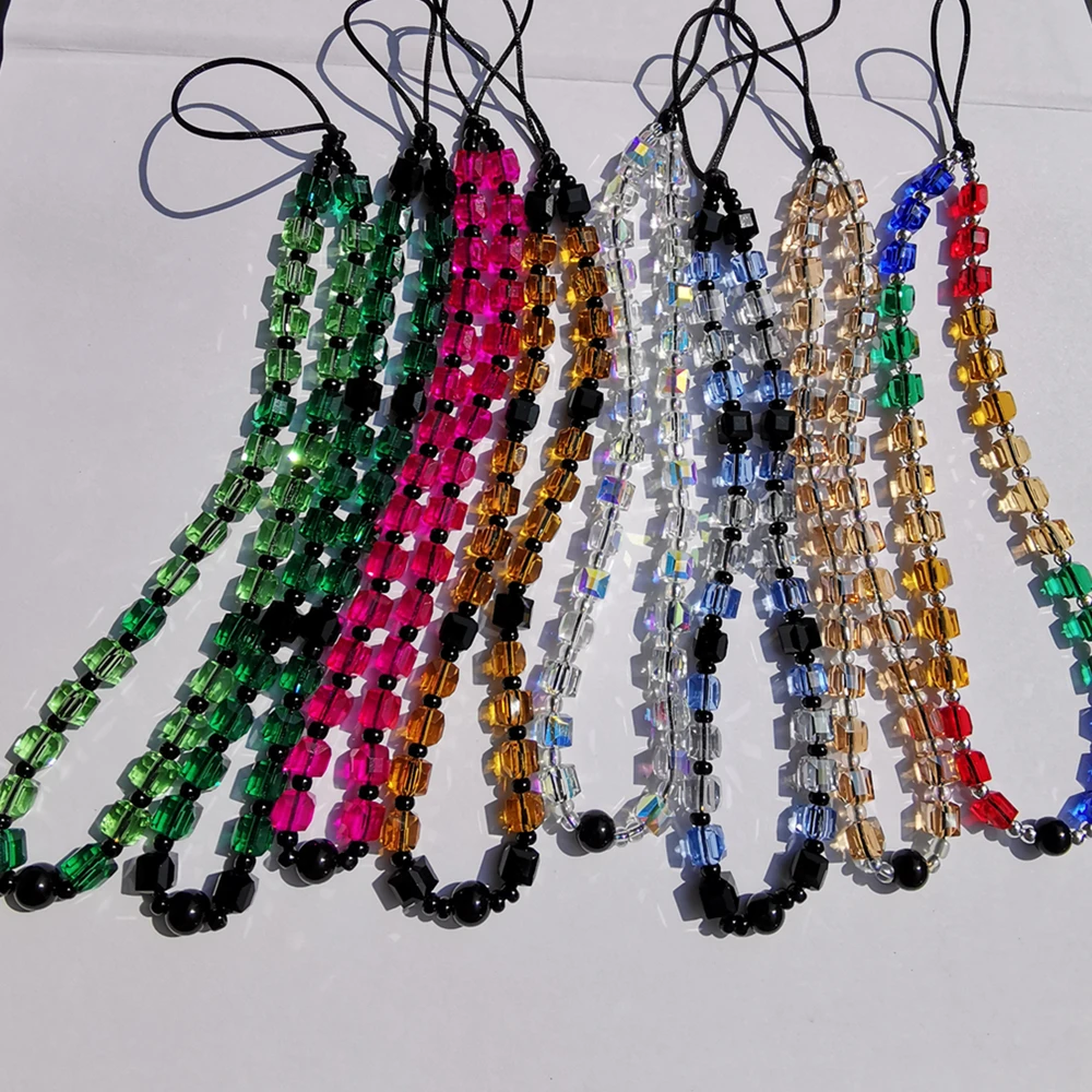 van daisy new clear square crystal colorful cubes beaded cell phone chains couple y2k bijoux phone lanyard strap key chain cord free global shipping