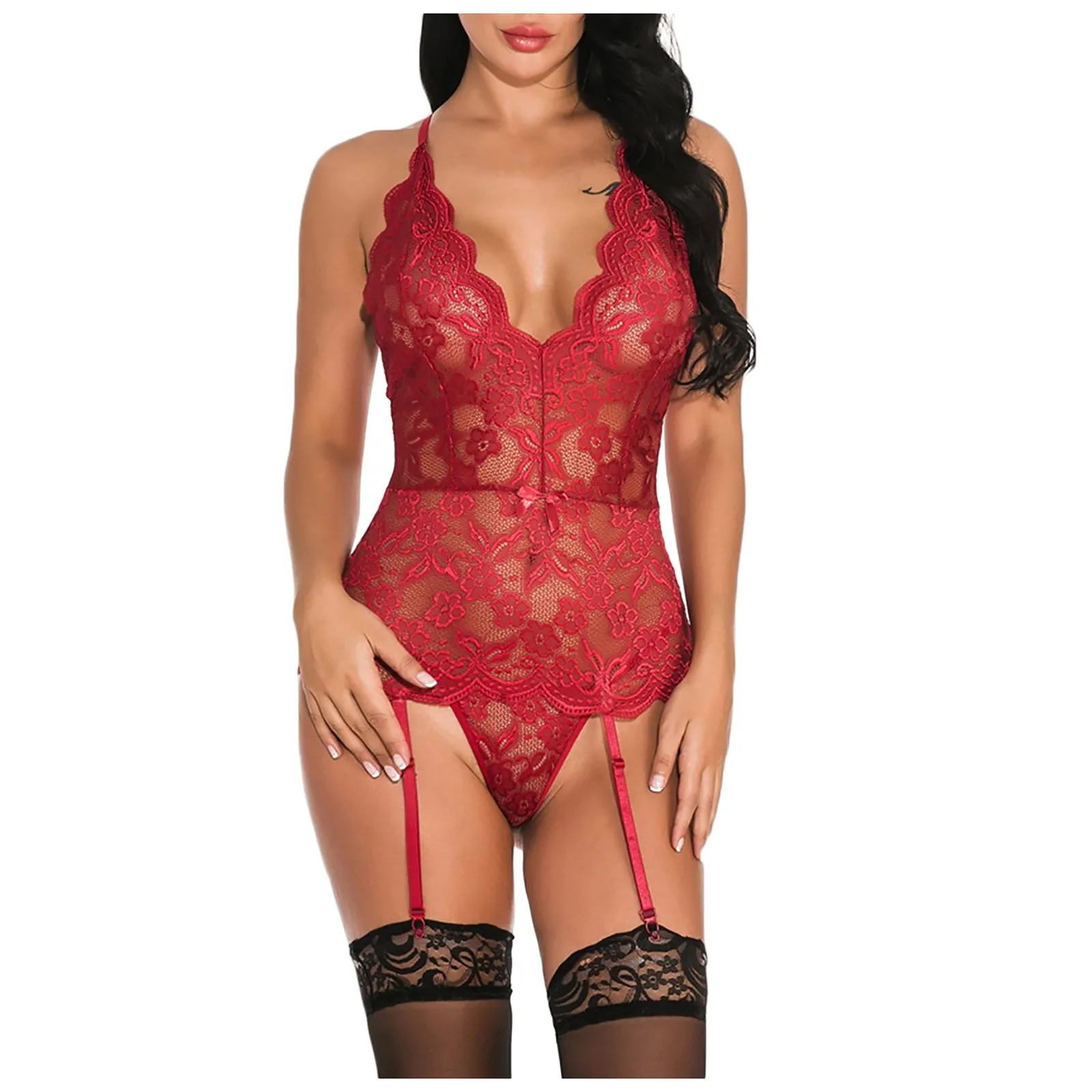 

Women Sexy V-Neck Lace Button Lingerie Jumpsuit Long Sleeve Bodysuit Sleepwear