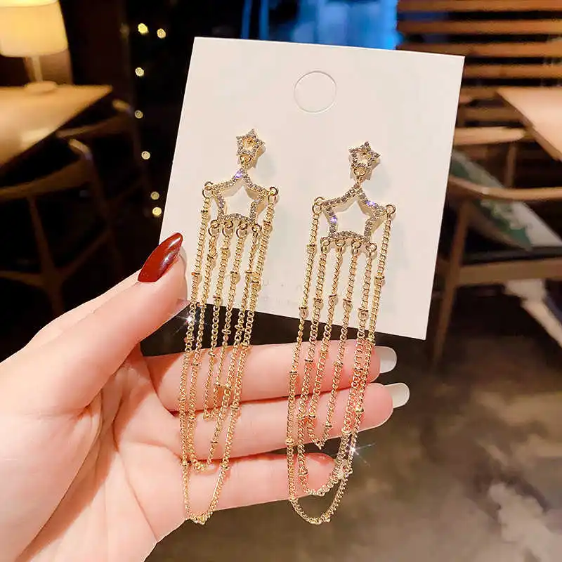 

Silver Needle Star Exaggerated Long Tassel 2021 Casual New Arrival Earrings for Women Luxurious Party