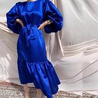 eid satinlike maxi dress dubai abaya for women puff long sleeve belted hijab dresses party robe muslim islamic turkey clothes