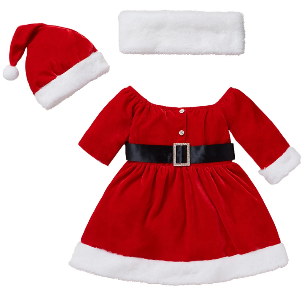 

Christmas Newborn Baby Girls Cold Shoulder Sleeve Scarf Collar Classic Pullover Button Knee Length Winter Long Sleeve Velvet Set