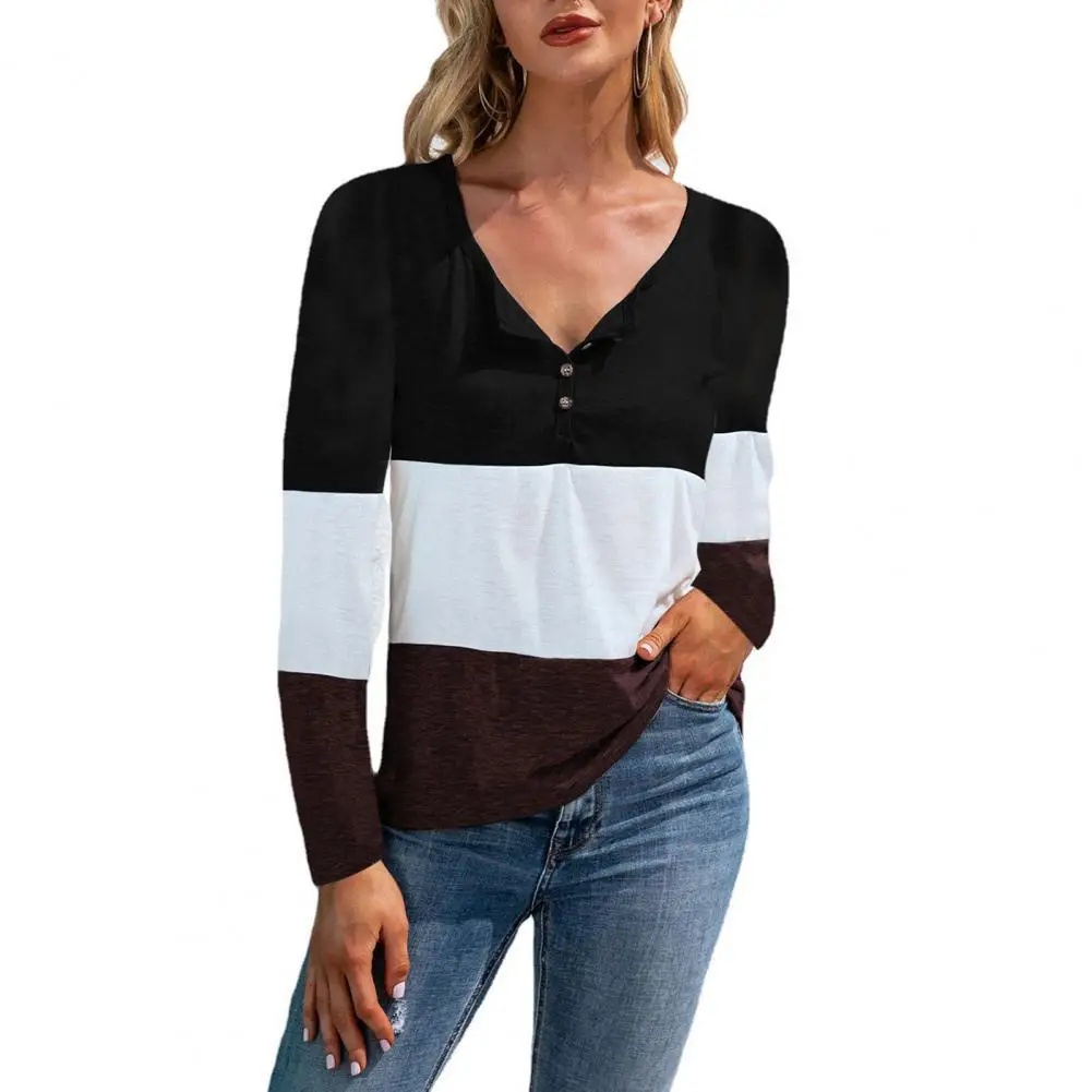 

Women Blouse Splicing Contrast Colors Sweatshirt V Neck Stripe Autumn T-shirt for Work