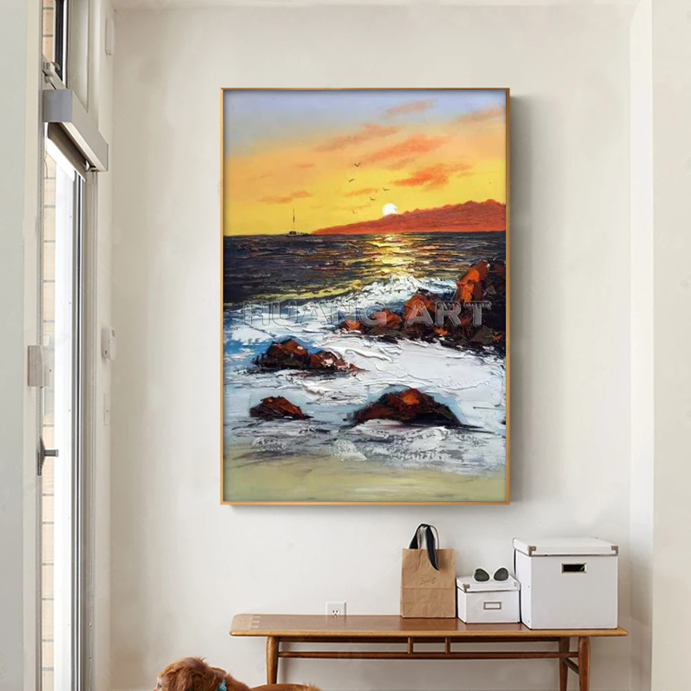 Картина маслом на холсте с изображением восхода солнца неба Морского Пейзажа для