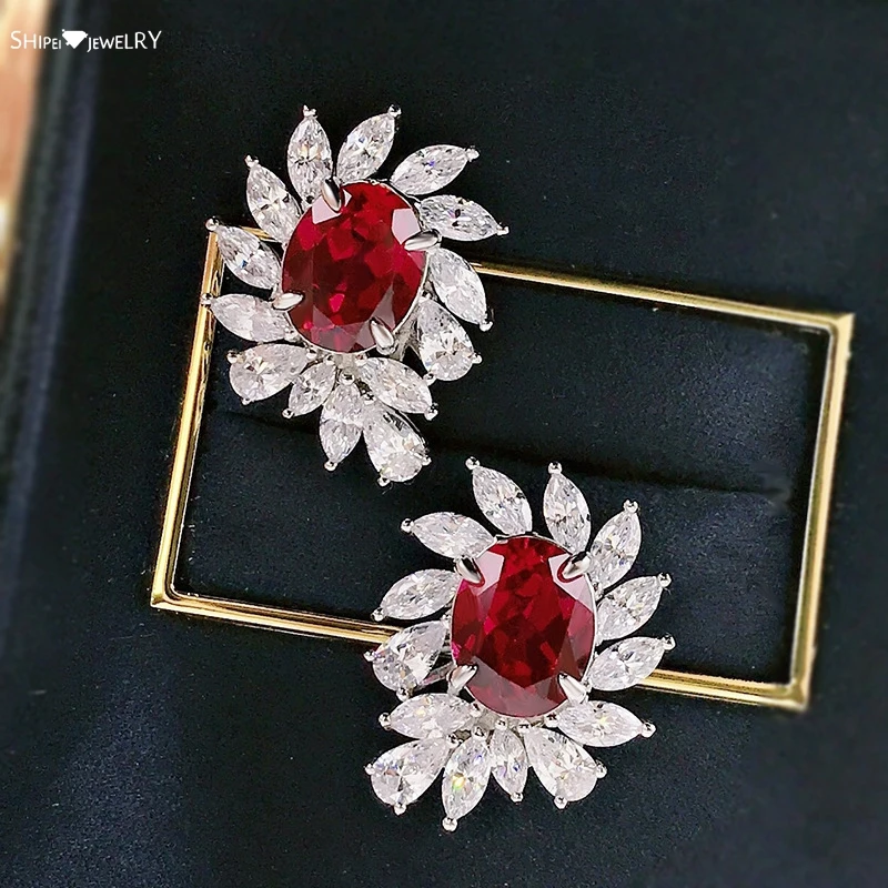 

Shipei 925 Sterling Silver 10*8 MM Ruby Created Moissanite Gemstone Wedding Party Hyperbole Ear Studs Earrings Fine Jewelry Gift