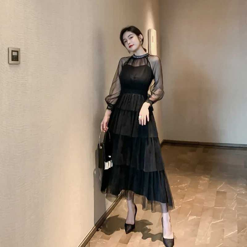 

2019 Autumn Mesh Cascading Ruffle Dress Women O Neck Long Sleeve Dress OL Office Bandage Vintage Party Ball Gown Dresses Vestido