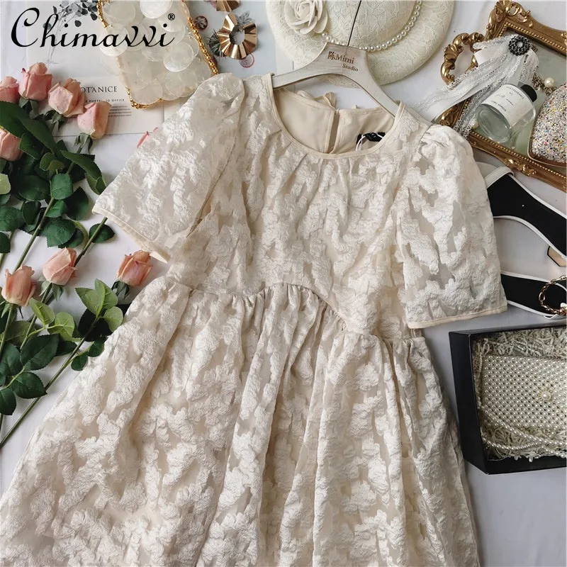 

French Cloud Jacquard Dresses for Women 2021 Summer Fashion Elegant Doll Type Puff Sleeve Dress High-waist Loose Sweet Dress