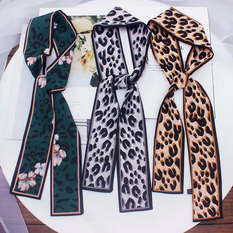 

2021 Small Silk Scarves Spring Decorative Leopard Print Hair Band Korea Joker Ribbon Tie Bag Women Skinny Hair Scarf