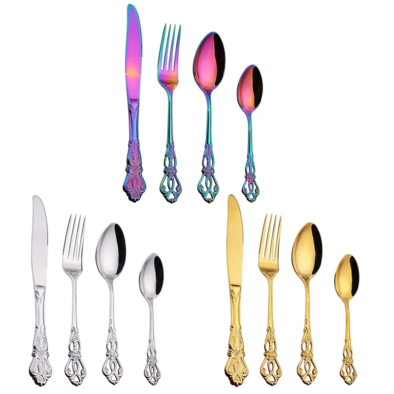 

Vintage Western Gold Plated Cutlery Dining Knives Forks Teaspoons Set Golden Luxury Dinnerware Engraving Tableware Set