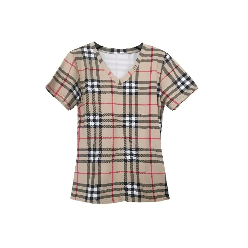 

2021 spring Korean yellow Plaid T-shirt women's short sleeve V-neck bottom shirt thin versatile short round neck top summer