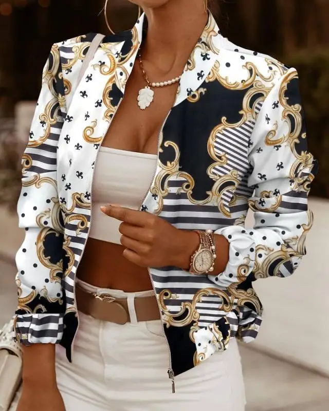 

Women's Coat Autumn Winter New Baseball Clip Overcome Casual Printed Zipper Cardigan Long Sleeve Jacket
