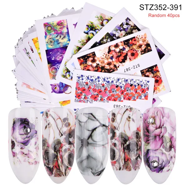 STZ352-391 40Pcs Набор наклеек для ногтей переводные наклейки для воды смешанный дизайн цветок животное слайдер для маникюра ногтей украшение татуировки Советы LA830 - Цвет: STZ352-391 40Pcs