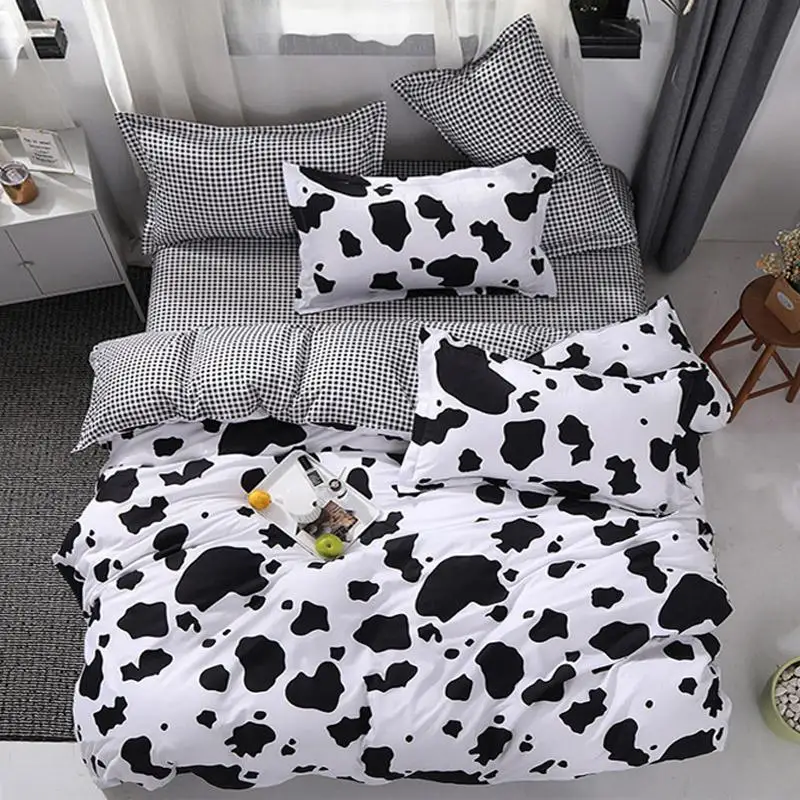 46 Beddling set white black cow duvet cover king queen style bedding bed heart flat sheet Adult linens | Дом и сад