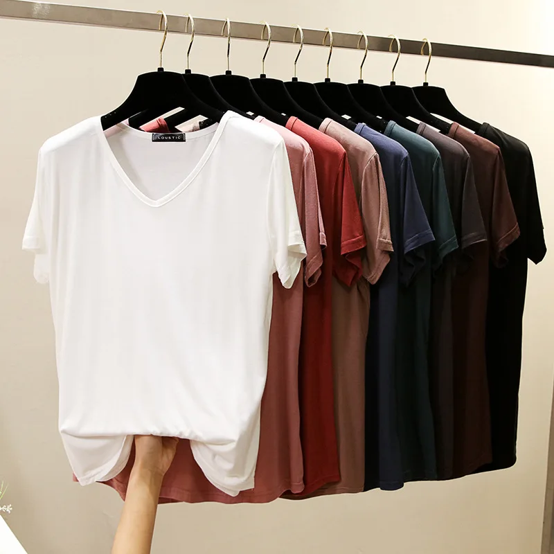 

2021 New Women Summer T shirt V Neck Basic Tops Blouses Shirt Fashion Plus Size Solid Color White Black