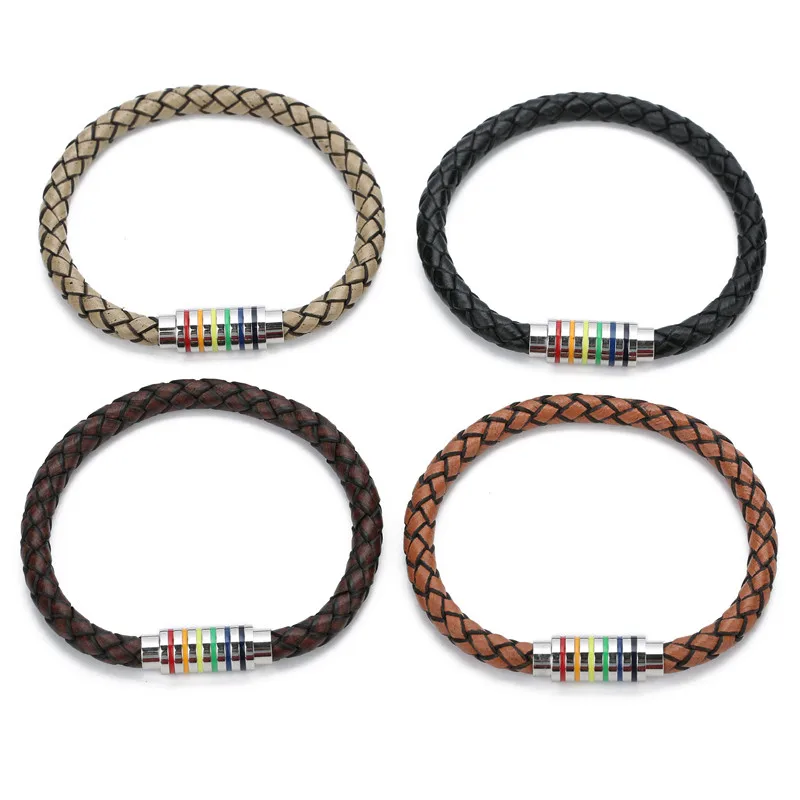 Мужской/женский кожаный браслет на запястье Радужный Браслет из нержавеющей