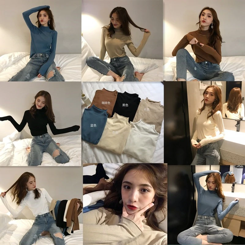 Облегающие трикотажные рубашки для женщин однотонные свитера облегающие