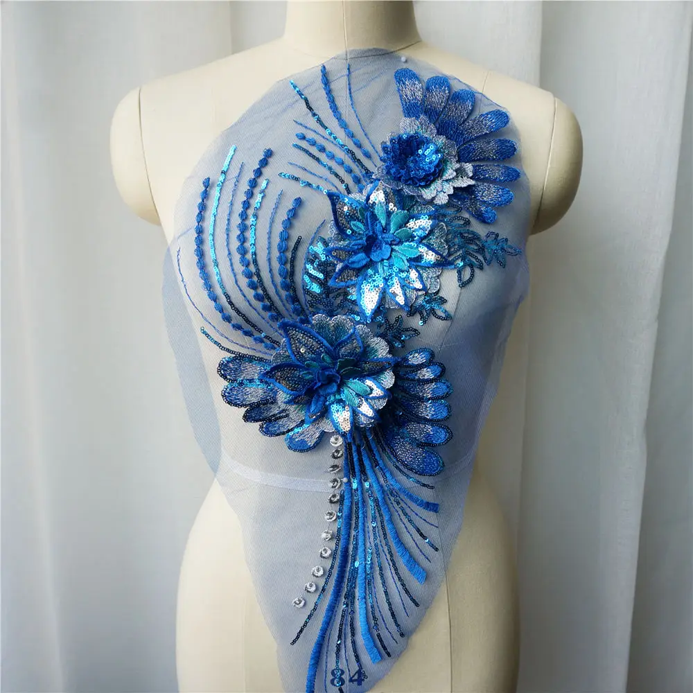 Белый черный 3D цветок кружевной ткани золотые блестки кисточкой вышитые платья