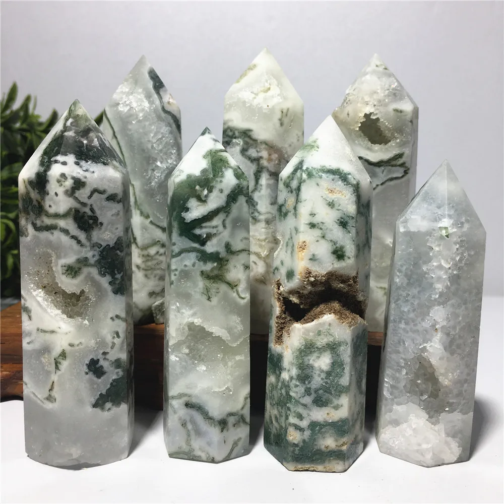 

Natural Stone And Crystal Green Moss Agate Druzy Tower Healing Gemstones Geode Voog Point Wand Witchcraft Gift Home Decoration