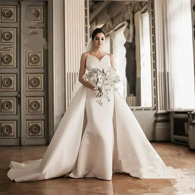 

Vintage White Mermaid Wedding Dress With Detachable Train Sweetheart Long Simple Satin Bridal Gowns Vestidos De Novia 2021