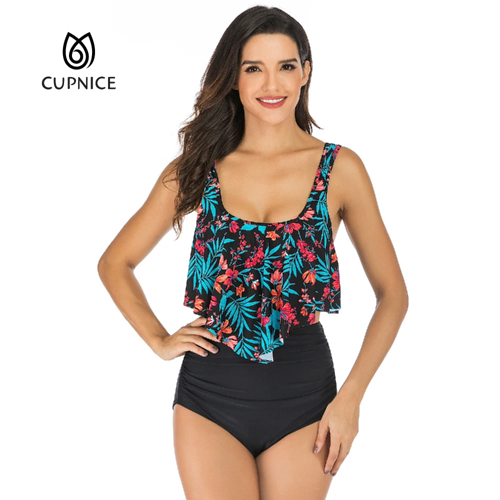 

CUPNICE Swimsuits for Women Two Piece Tankini Flounce Top Tummy Control High Waisted Bottom Swimming Bathing Suits Bikini Set