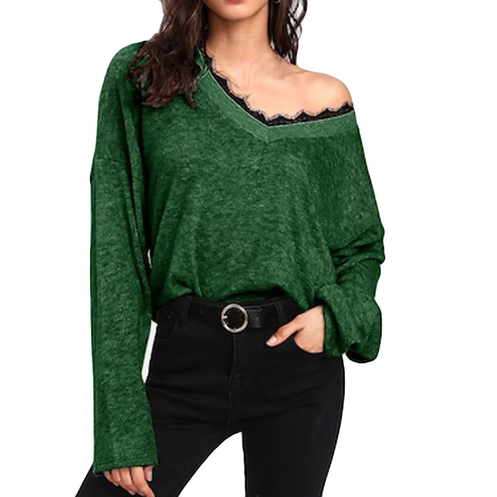 Retro Lace Tunic Knitwear Sweater Women Pullover Long Sleeve V-Neck Casual Loose Jumper Autumn Women's Knitted Tops F821 | Женская